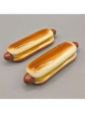 Hot Dog Salt and Pepper Shakers Ceramc Kitsch Novelty Fun Gift No Stoppers